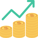 Icon of stacks of coins with a green arrow rising, indicating revenue growth