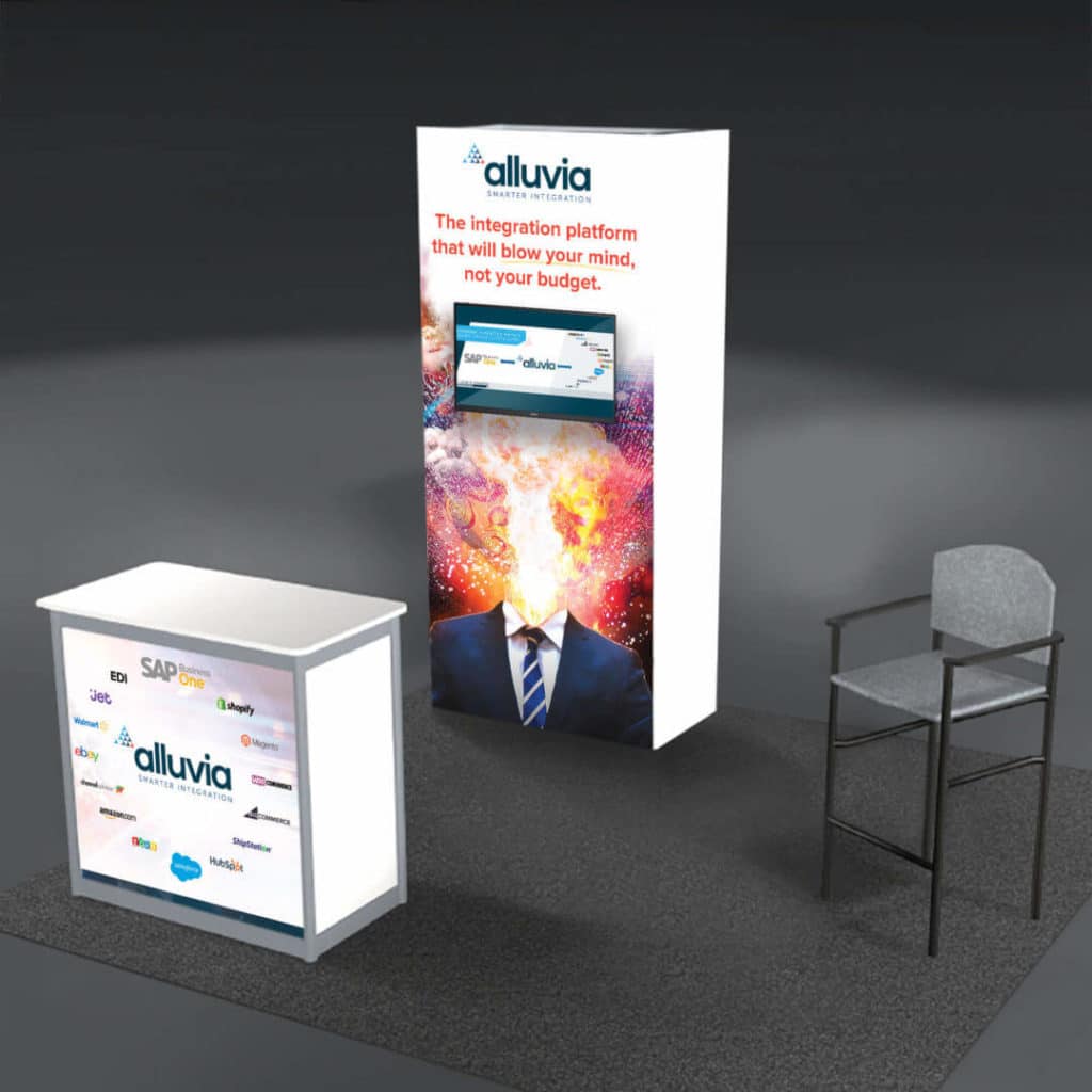 Alluvia integration platform marketing ads on a banner and a stand by a chair