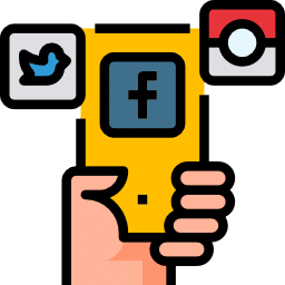 Icon of hand holding a phone with twitter, facebook, and instagram