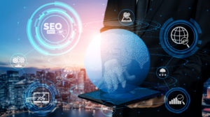 Illustration representing SEO with cityscape in background